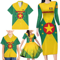 Grenada Coat of Arms Family Matching Long Sleeve Bodycon Dress and Hawaiian Shirt with Yellow Green Flag Colors and Tribal Pattern Design - Wonder Print Shop