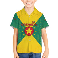 Grenada Coat of Arms Family Matching Long Sleeve Bodycon Dress and Hawaiian Shirt with Yellow Green Flag Colors and Tribal Pattern Design - Wonder Print Shop