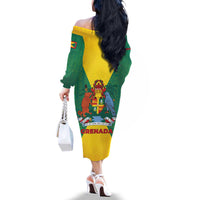 Grenada Coat of Arms Family Matching Off The Shoulder Long Sleeve Dress and Hawaiian Shirt with Yellow Green Flag Colors and Tribal Pattern Design - Wonder Print Shop