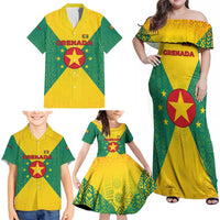 Grenada Coat of Arms Family Matching Off Shoulder Maxi Dress and Hawaiian Shirt with Yellow Green Flag Colors and Tribal Pattern Design - Wonder Print Shop