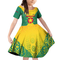 Grenada Coat of Arms Family Matching Off Shoulder Short Dress and Hawaiian Shirt with Yellow Green Flag Colors and Tribal Pattern Design - Wonder Print Shop
