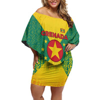 Grenada Coat of Arms Family Matching Off Shoulder Short Dress and Hawaiian Shirt with Yellow Green Flag Colors and Tribal Pattern Design - Wonder Print Shop