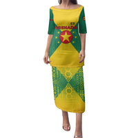 Grenada Coat of Arms Family Matching Puletasi and Hawaiian Shirt with Yellow Green Flag Colors and Tribal Pattern Design - Wonder Print Shop