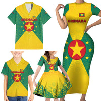 Grenada Coat of Arms Family Matching Short Sleeve Bodycon Dress and Hawaiian Shirt with Yellow Green Flag Colors and Tribal Pattern Design - Wonder Print Shop