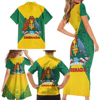 Grenada Coat of Arms Family Matching Short Sleeve Bodycon Dress and Hawaiian Shirt with Yellow Green Flag Colors and Tribal Pattern Design - Wonder Print Shop