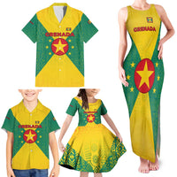 Grenada Coat of Arms Family Matching Tank Maxi Dress and Hawaiian Shirt with Yellow Green Flag Colors and Tribal Pattern Design - Wonder Print Shop