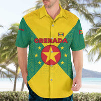 Grenada Coat of Arms Hawaiian Shirt with Yellow Green Flag Colors and Tribal Pattern Design - Wonder Print Shop