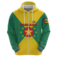 Grenada Coat of Arms Hoodie with Yellow Green Flag Colors and Tribal Pattern Design - Wonder Print Shop