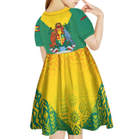 Grenada Coat of Arms Kid Short Sleeve Dress with Yellow Green Flag Colors and Tribal Pattern Design - Wonder Print Shop