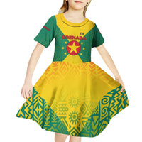 Grenada Coat of Arms Kid Short Sleeve Dress with Yellow Green Flag Colors and Tribal Pattern Design - Wonder Print Shop