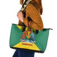 Grenada Coat of Arms Leather Tote Bag with Yellow Green Flag Colors and Tribal Pattern Design - Wonder Print Shop