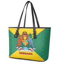 Grenada Coat of Arms Leather Tote Bag with Yellow Green Flag Colors and Tribal Pattern Design - Wonder Print Shop