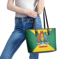 Grenada Coat of Arms Leather Tote Bag with Yellow Green Flag Colors and Tribal Pattern Design - Wonder Print Shop