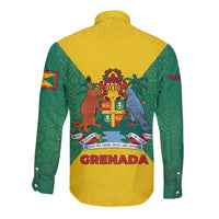 Grenada Coat of Arms Long Sleeve Button Shirt with Yellow Green Flag Colors and Tribal Pattern Design - Wonder Print Shop