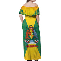 Grenada Coat of Arms Off Shoulder Maxi Dress with Yellow Green Flag Colors and Tribal Pattern Design - Wonder Print Shop