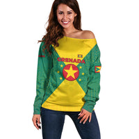 Grenada Coat of Arms Off Shoulder Sweater with Yellow Green Flag Colors and Tribal Pattern Design - Wonder Print Shop