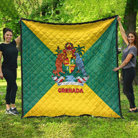 Grenada Coat of Arms Quilt with Yellow Green Flag Colors and Tribal Pattern Design - Wonder Print Shop
