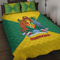 Grenada Coat of Arms Quilt Bed Set with Yellow Green Flag Colors and Tribal Pattern Design - Wonder Print Shop