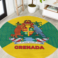 Grenada Coat of Arms Round Carpet with Yellow Green Flag Colors and Tribal Pattern Design - Wonder Print Shop