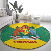 Grenada Coat of Arms Round Carpet with Yellow Green Flag Colors and Tribal Pattern Design - Wonder Print Shop
