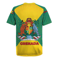Grenada Coat of Arms Rugby Jersey with Yellow Green Flag Colors and Tribal Pattern Design - Wonder Print Shop