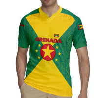 Grenada Coat of Arms Rugby Jersey with Yellow Green Flag Colors and Tribal Pattern Design - Wonder Print Shop