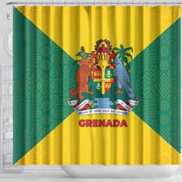 Grenada Coat of Arms Shower Curtain with Yellow Green Flag Colors and Tribal Pattern Design - Wonder Print Shop