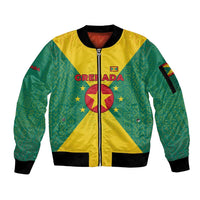 Grenada Coat of Arms Sleeve Zip Bomber Jacket with Yellow Green Flag Colors and Tribal Pattern Design - Wonder Print Shop