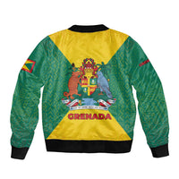 Grenada Coat of Arms Sleeve Zip Bomber Jacket with Yellow Green Flag Colors and Tribal Pattern Design - Wonder Print Shop
