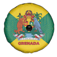 Grenada Coat of Arms Spare Tire Cover with Yellow Green Flag Colors and Tribal Pattern Design - Wonder Print Shop