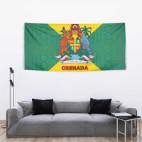 Grenada Coat of Arms Tapestry with Yellow Green Flag Colors and Tribal Pattern Design - Wonder Print Shop