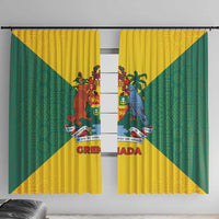 Grenada Coat of Arms Window Curtain with Yellow Green Flag Colors and Tribal Pattern Design - Wonder Print Shop