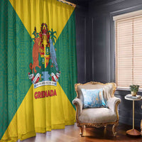 Grenada Coat of Arms Window Curtain with Yellow Green Flag Colors and Tribal Pattern Design - Wonder Print Shop