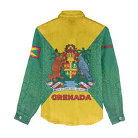 Grenada Coat of Arms Women Casual Shirt with Yellow Green Flag Colors and Tribal Pattern Design - Wonder Print Shop