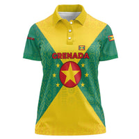 Grenada Coat of Arms Women Polo Shirt with Yellow Green Flag Colors and Tribal Pattern Design - Wonder Print Shop