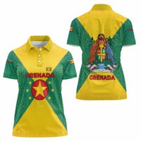 Grenada Coat of Arms Women Polo Shirt with Yellow Green Flag Colors and Tribal Pattern Design - Wonder Print Shop