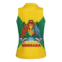 Grenada Coat of Arms Women Sleeveless Polo Shirt with Yellow Green Flag Colors and Tribal Pattern Design - Wonder Print Shop