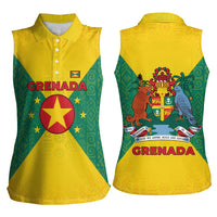 Grenada Coat of Arms Women Sleeveless Polo Shirt with Yellow Green Flag Colors and Tribal Pattern Design - Wonder Print Shop