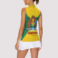 Grenada Coat of Arms Women Sleeveless Polo Shirt with Yellow Green Flag Colors and Tribal Pattern Design - Wonder Print Shop