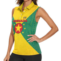 Grenada Coat of Arms Women Sleeveless Polo Shirt with Yellow Green Flag Colors and Tribal Pattern Design - Wonder Print Shop