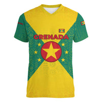Grenada Coat of Arms Women V-Neck T-Shirt with Yellow Green Flag Colors and Tribal Pattern Design - Wonder Print Shop