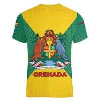 Grenada Coat of Arms Women V-Neck T-Shirt with Yellow Green Flag Colors and Tribal Pattern Design - Wonder Print Shop