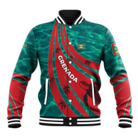 Grenada Sea Turtle Baseball Jacket with Red Wave Stripes and Ocean Water Background - Wonder Print Shop