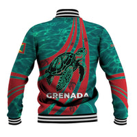 Grenada Sea Turtle Baseball Jacket with Red Wave Stripes and Ocean Water Background - Wonder Print Shop