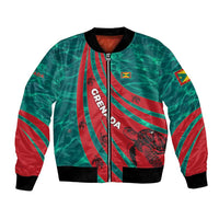 Grenada Sea Turtle Bomber Jacket with Red Wave Stripes and Ocean Water Background - Wonder Print Shop