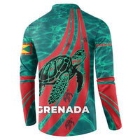 Grenada Sea Turtle Button Sweatshirt with Red Wave Stripes and Ocean Water Background - Wonder Print Shop