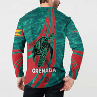 Grenada Sea Turtle Button Sweatshirt with Red Wave Stripes and Ocean Water Background - Wonder Print Shop