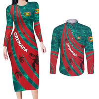 Grenada Sea Turtle Couples Matching Long Sleeve Bodycon Dress and Long Sleeve Button Shirt with Red Wave Stripes and Ocean Water Background - Wonder Print Shop