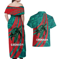 Grenada Sea Turtle Couples Matching Off Shoulder Maxi Dress and Hawaiian Shirt with Red Wave Stripes and Ocean Water Background - Wonder Print Shop