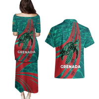 Grenada Sea Turtle Couples Matching Puletasi and Hawaiian Shirt with Red Wave Stripes and Ocean Water Background - Wonder Print Shop